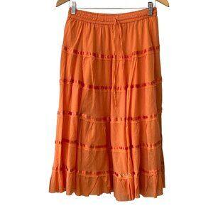 SB Fashion Elastic Waist Tiered Maxi Skirt OS Orange Cotton Cottagecore Peasant